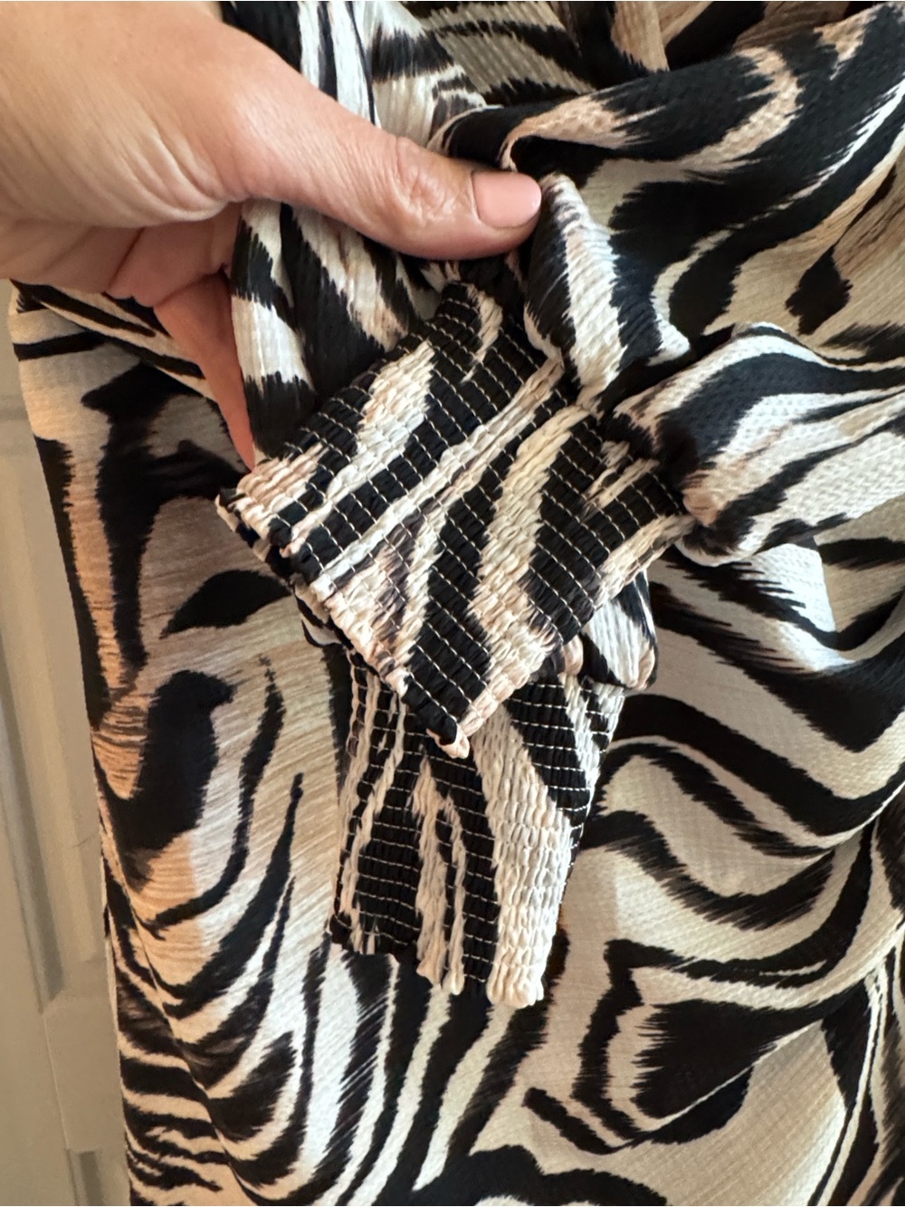 Anthropologie Beige, Black Cream Zebra Print Long Sleeve Wrap Pucker Waist Dress - Picture 3 of 8